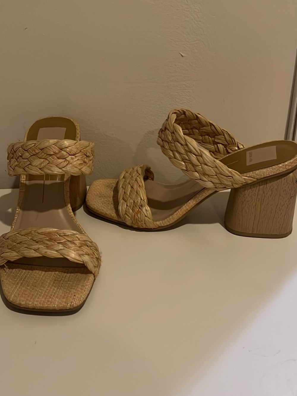 Braided Straw Block Heel Sandals in Natural